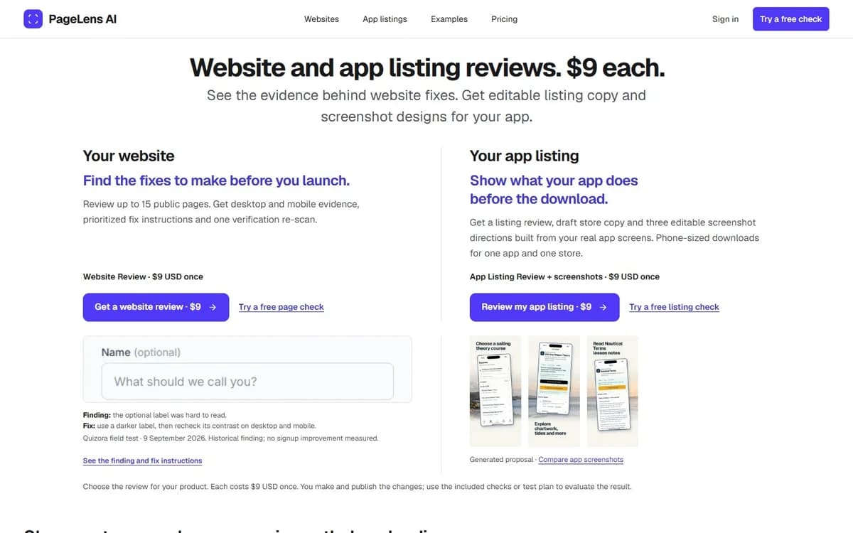 PageLens AI website and app listing reviews