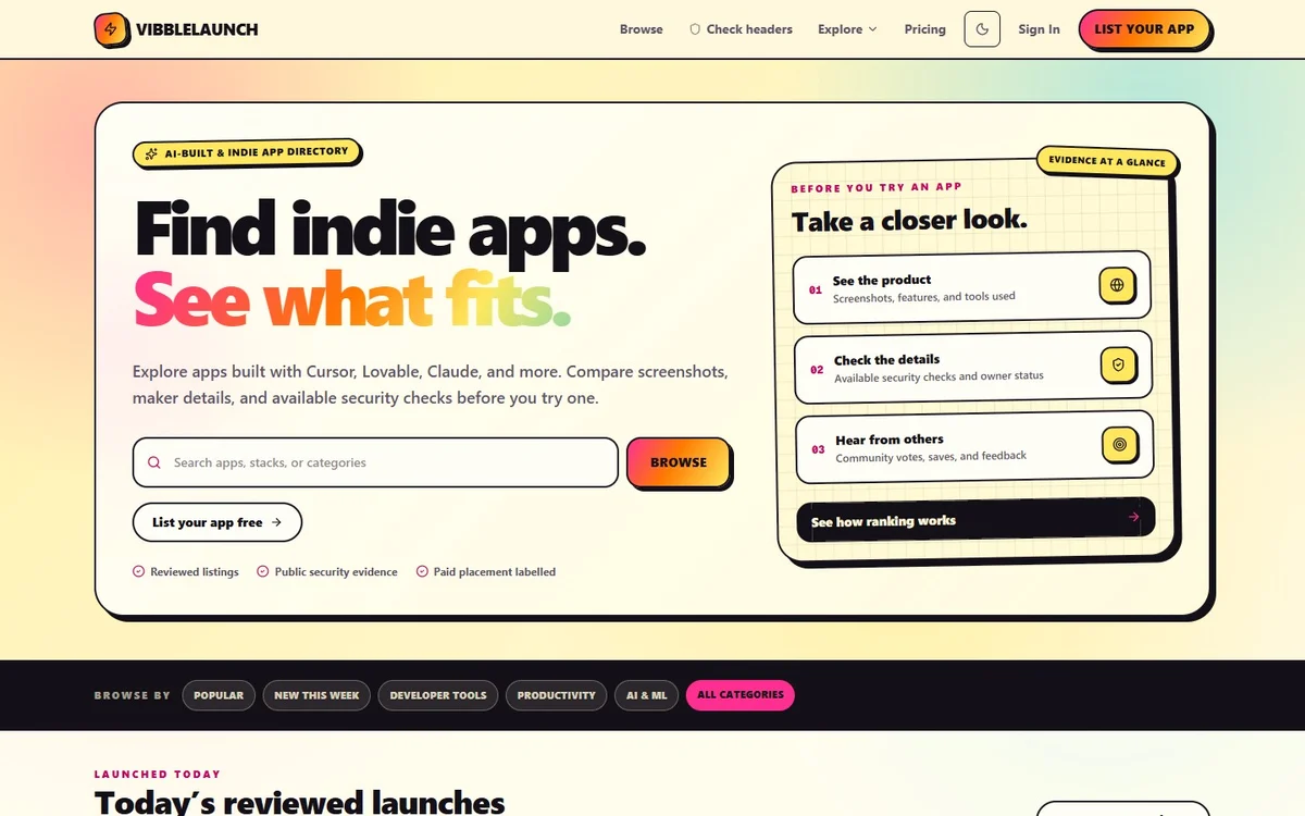 VibbleLaunch directory of AI-built and indie apps